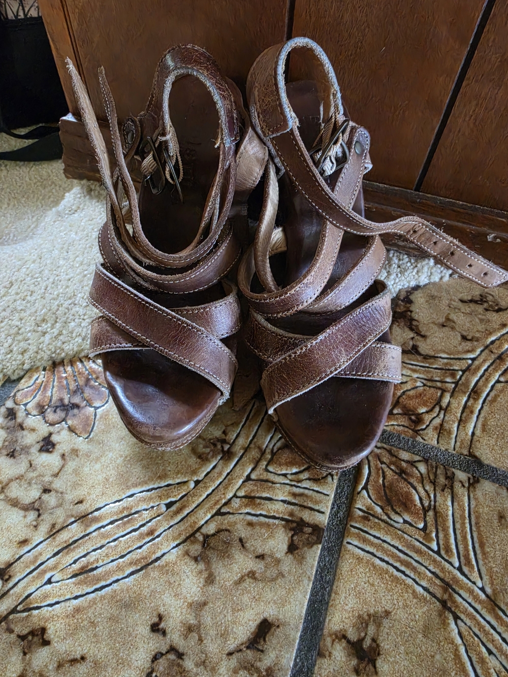 Bed Stu Brown Leather Crisscross Heeled Sandals